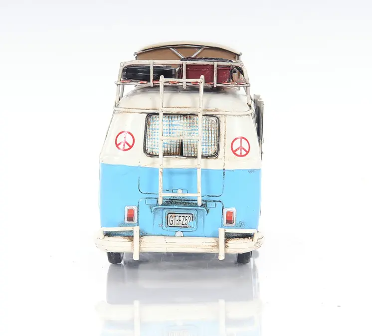6" Blue And White Metal Volkswagen Bus Sculpture