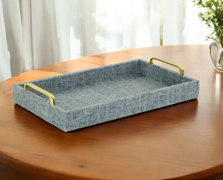 16" Light Blue Linen Handmade Serving Tray With Handles