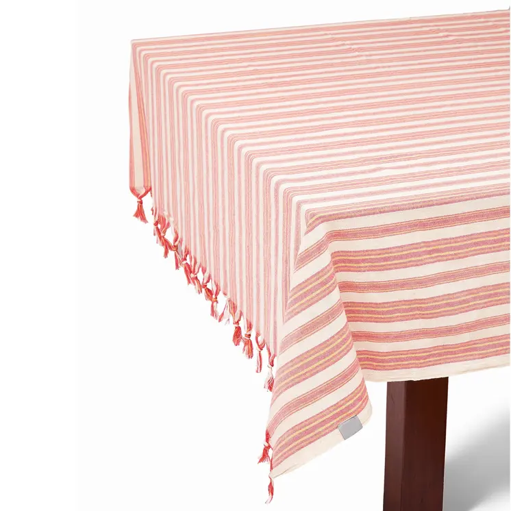 71" X 95" Red And White Striped Cotton Tablecloths