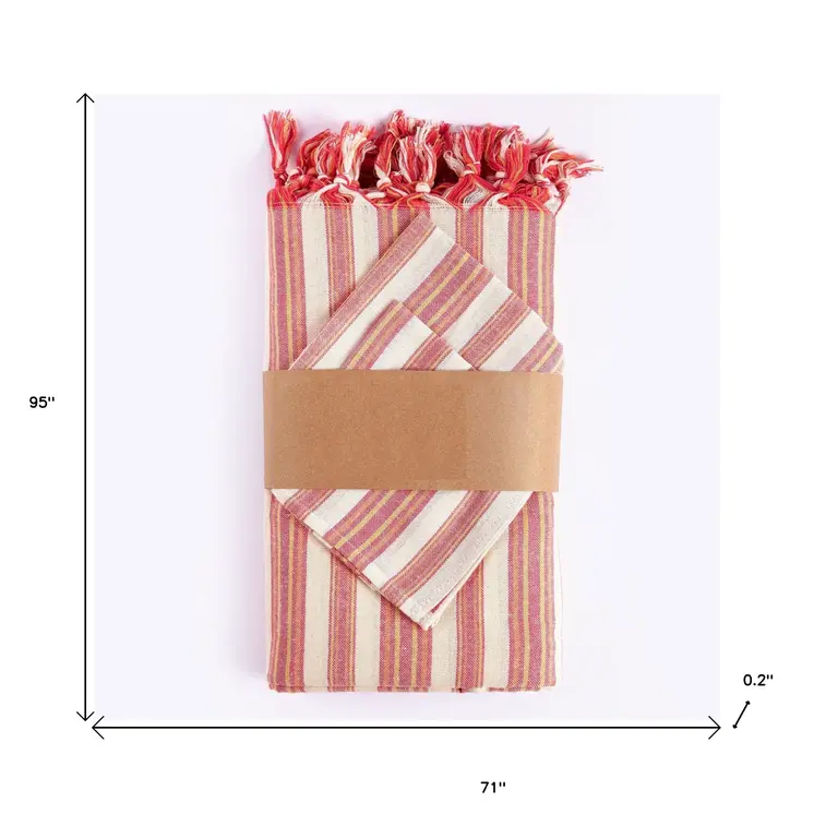71" X 95" Red And White Striped Cotton Tablecloths