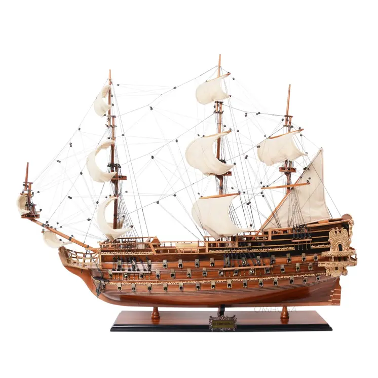 32" Wood Brown Solid Wood Hand Painted St. Espirit Model Boat