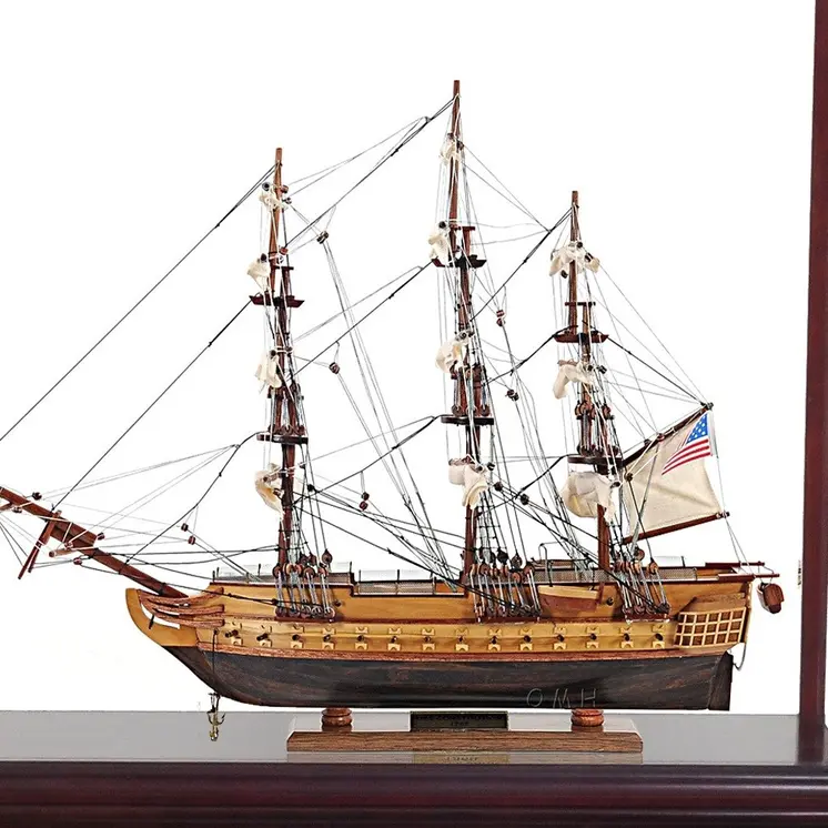 50" Wood Brown Solid Wood Hand Painted Model Boat Tabletop Sculpture