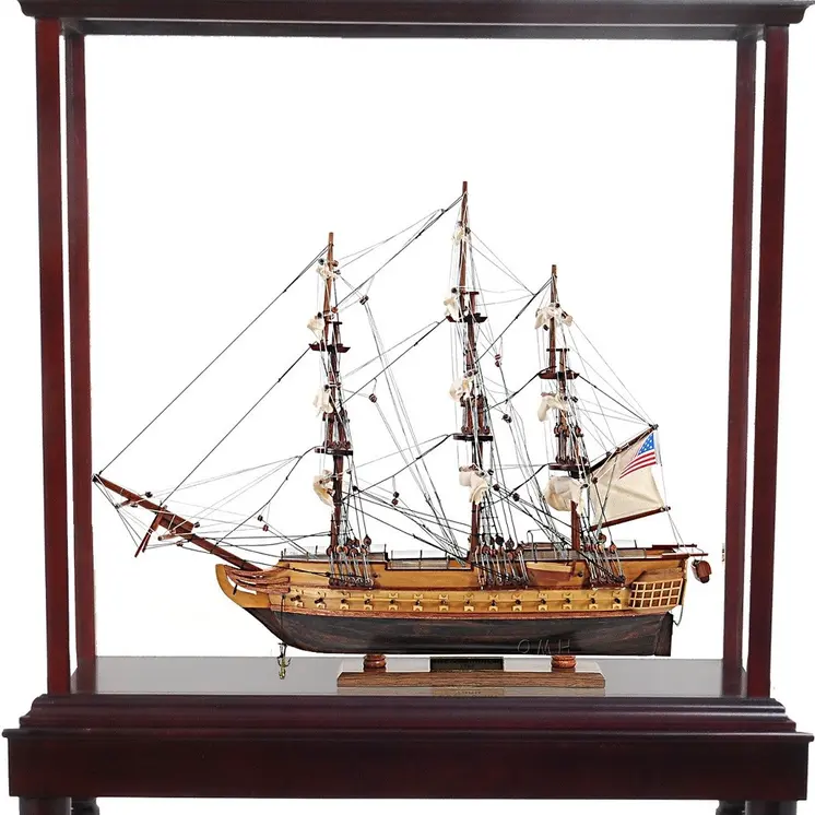 50" Wood Brown Solid Wood Hand Painted Model Boat Tabletop Sculpture