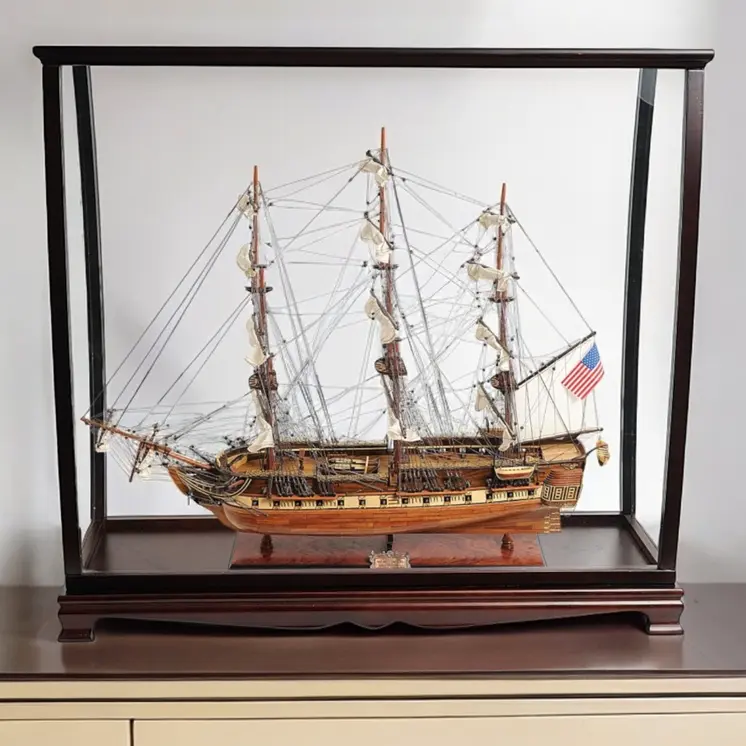 32" Wood Brown Solid Wood Hand Painted 1797 USS Constitution Medium Display Case Model Boat