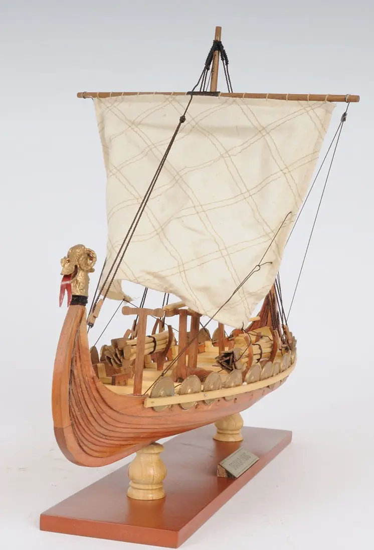 13" Wood Brown Solid Wood Hand Painted Model Boat Tabletop Sculpture