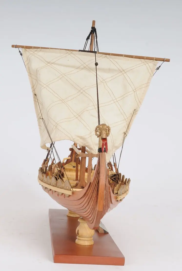 13" Wood Brown Solid Wood Hand Painted Model Boat Tabletop Sculpture