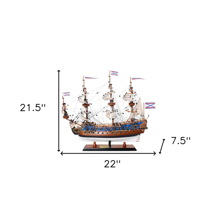 22" Blue and Brown Solid Wood Hand Painted 1700 Goto Predestination Medium Model Boat