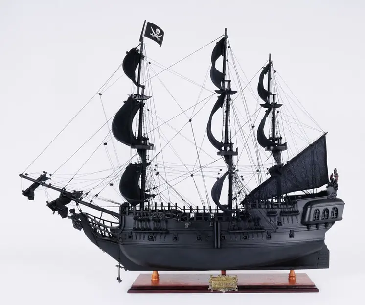 24" Black Solid Wood Hand Painted Model Boat Tabletop Sculpture