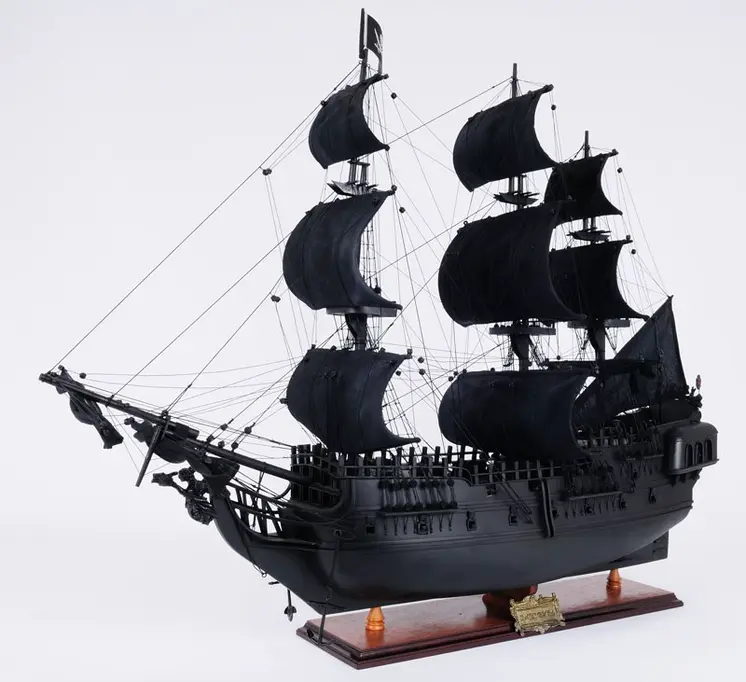 24" Black Solid Wood Hand Painted Model Boat Tabletop Sculpture