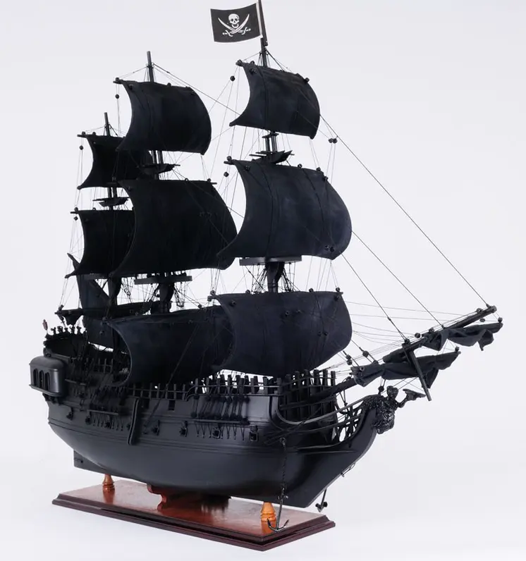 24" Black Solid Wood Hand Painted Model Boat Tabletop Sculpture
