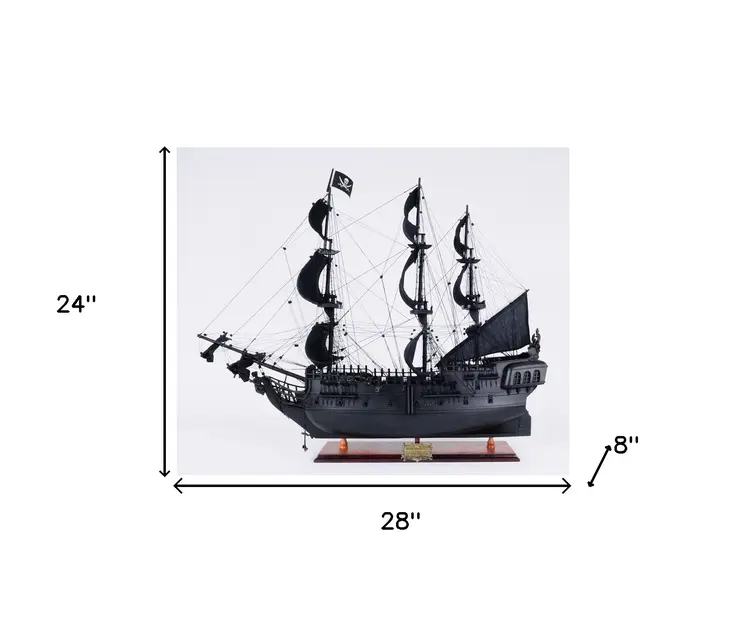 24" Black Solid Wood Hand Painted Model Boat Tabletop Sculpture