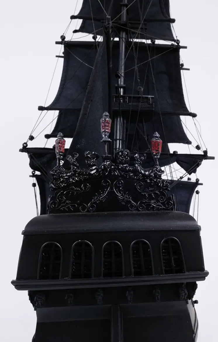 24" Black Solid Wood Hand Painted Model Boat Tabletop Sculpture