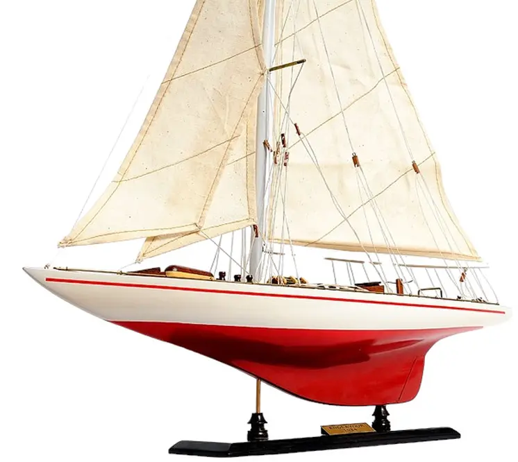 32" Red and White Solid Wood Hand Painted p-Oxybis(benzenesulfonyl hydrazide) Model Boat