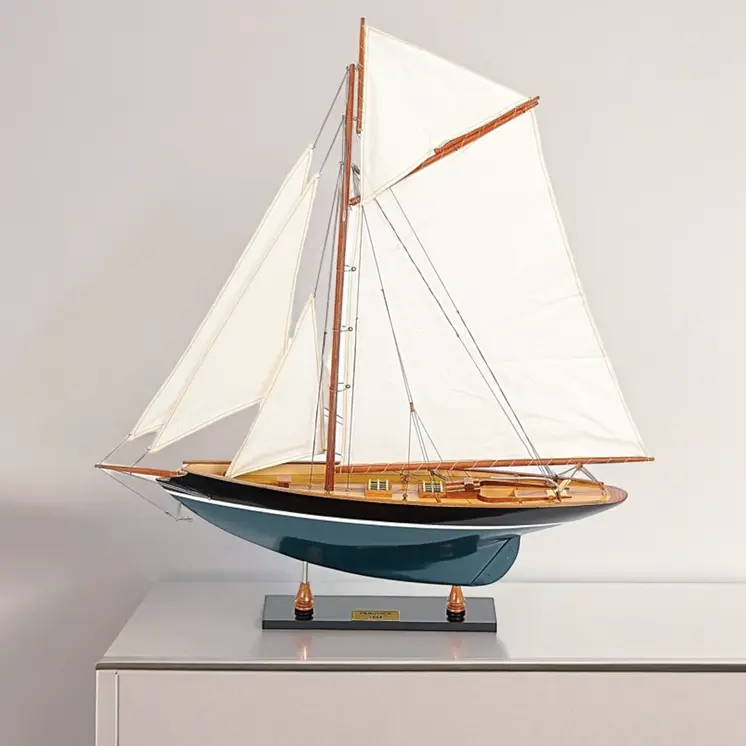 31" Black Blue And White Solid Wood Pen Duick Hand Painted Model Sail Boat