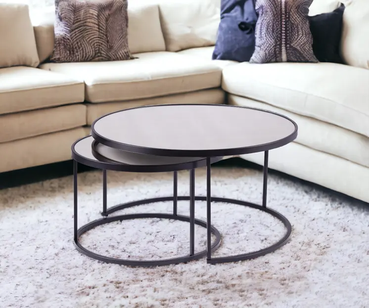 Set of Two Black And Silver Mirrored Round Nested Coffee Table Set