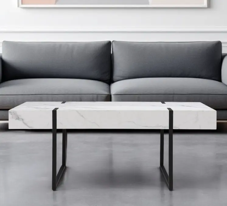 43" White And Black Faux Marble And Metal With Iron Coffee Table