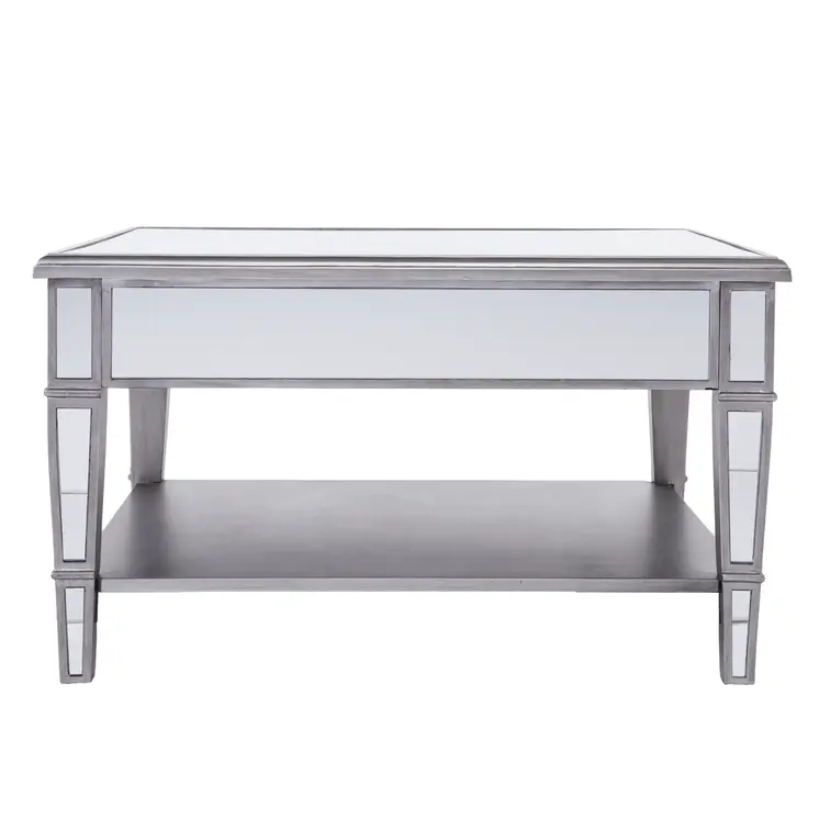 29" Silver Mirrored Square Coffee Table With Shelf
