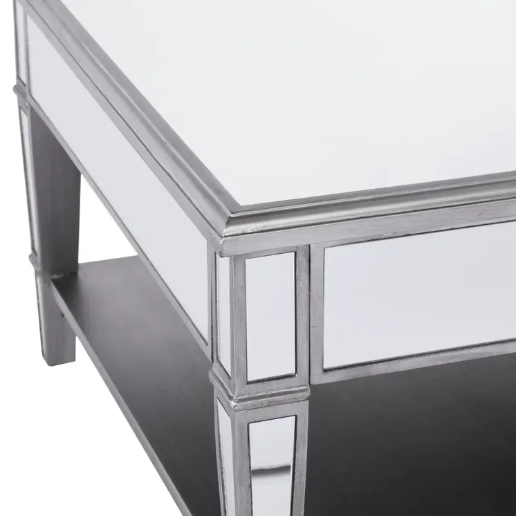 29" Silver Mirrored Square Coffee Table With Shelf