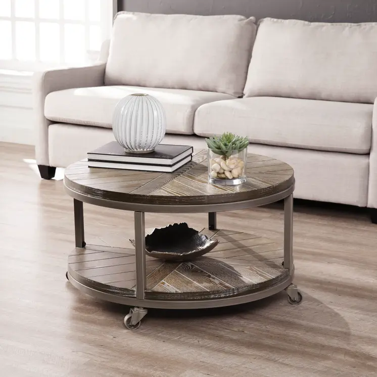 32" Brown Wood And Iron With Iron Round Distressed Coffee Table