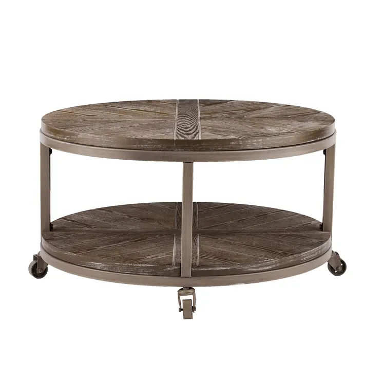 32" Brown Wood And Iron With Iron Round Distressed Coffee Table