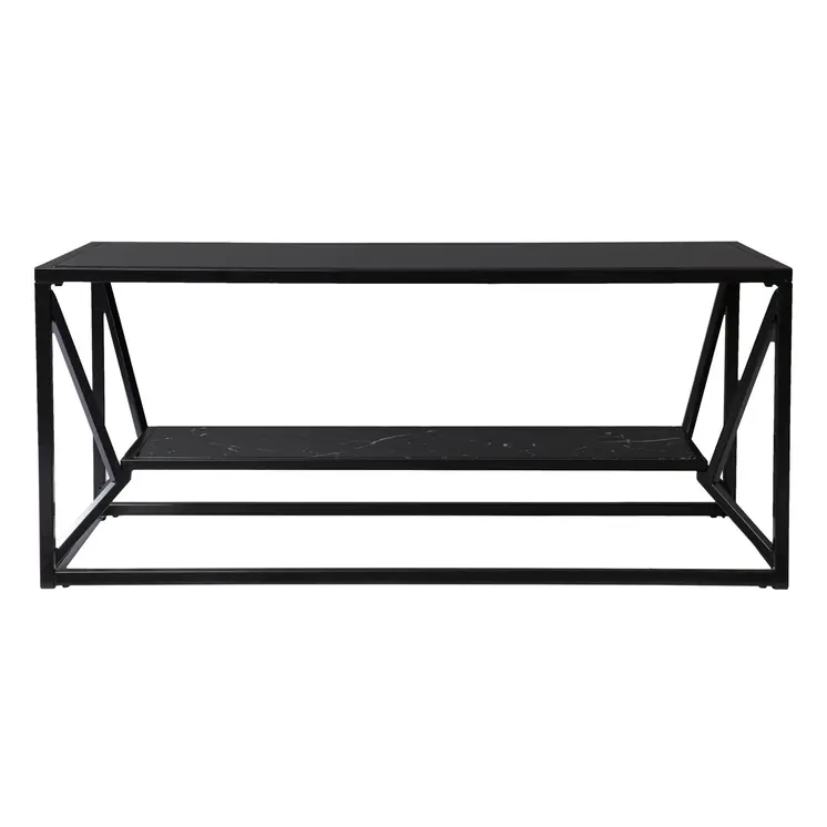 42" Black Glass Faux Marble And Metal Coffee Table With Shelf