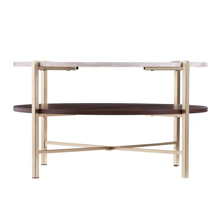 33" Brass Solid Manufactured Wood And Metal Round Coffee Table
