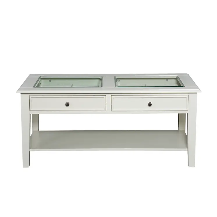 44" Off And White And Off-White Glass And Metal Rectangular Coffee Table