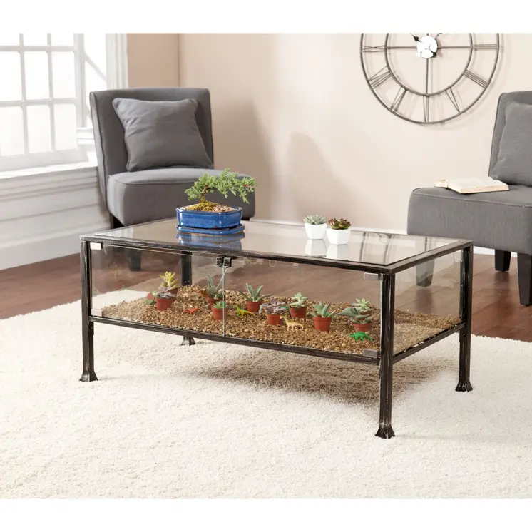43" Black Glass And Metal Rectangular Coffee Table