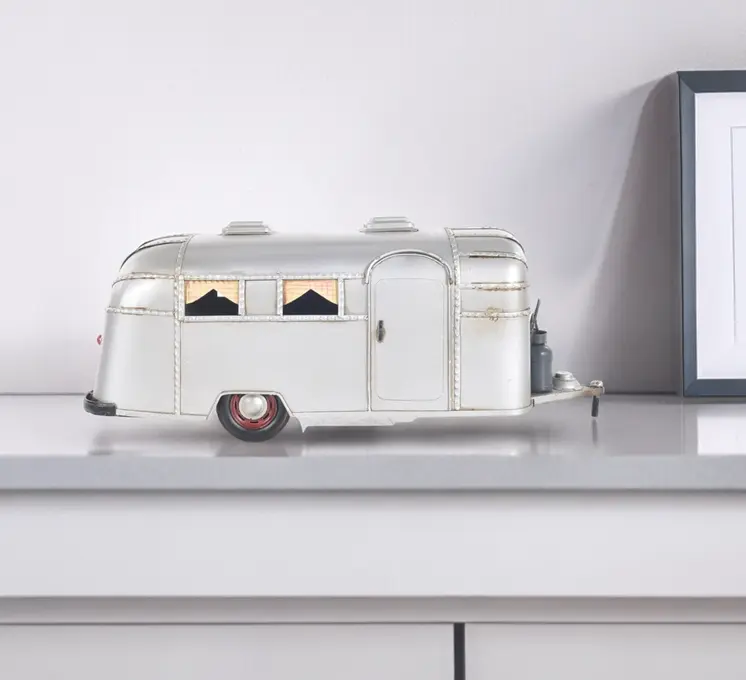 6" Silver Metal Hand Painted Silver Camping Trailer Model Car