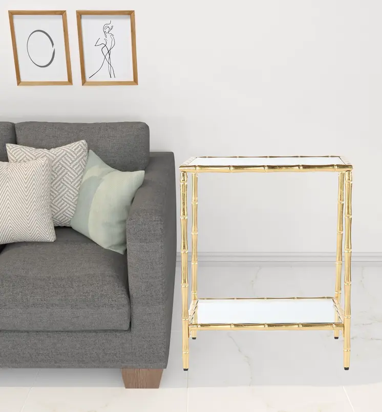 23" Gold Glass Top Square End Table With Shelf