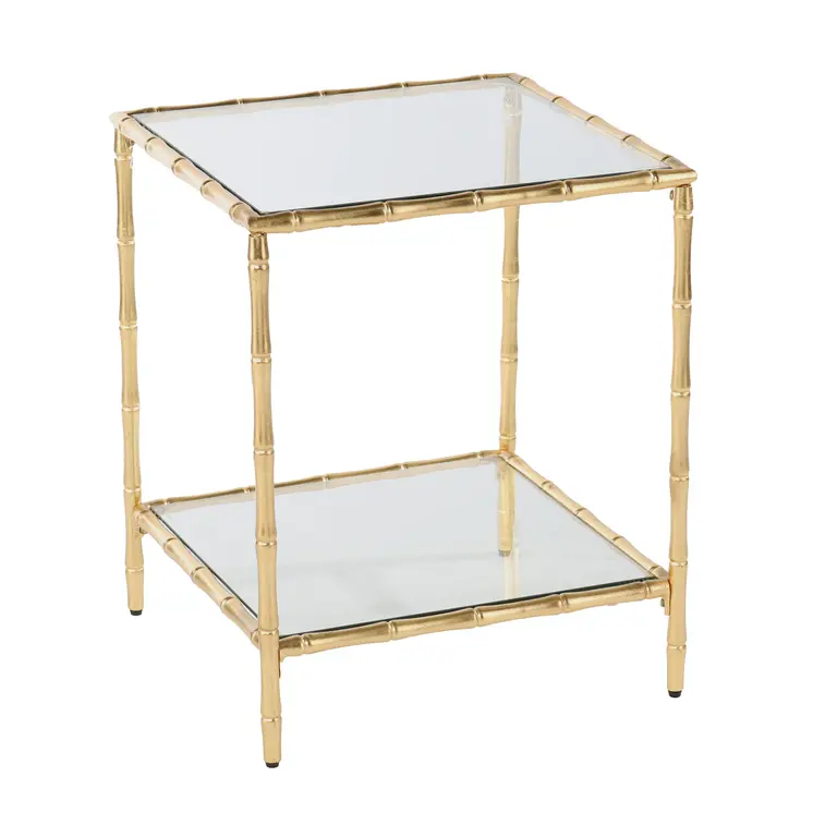 23" Gold Glass Top Square End Table With Shelf