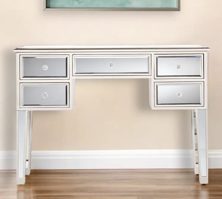 43" Silver Mirrored Glass Console Table And Drawers