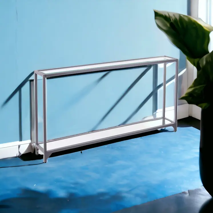 56" Clear and Silver Glass Mirrored Floor Shelf Console Table With Storage