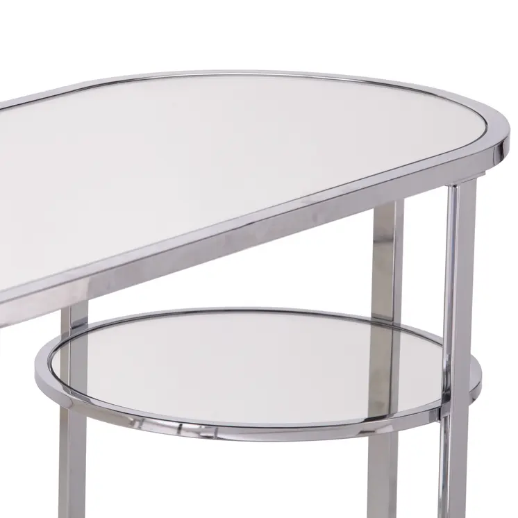 42" Silver Mirrored Glass Oval Cross Leg Console Table With Shelves