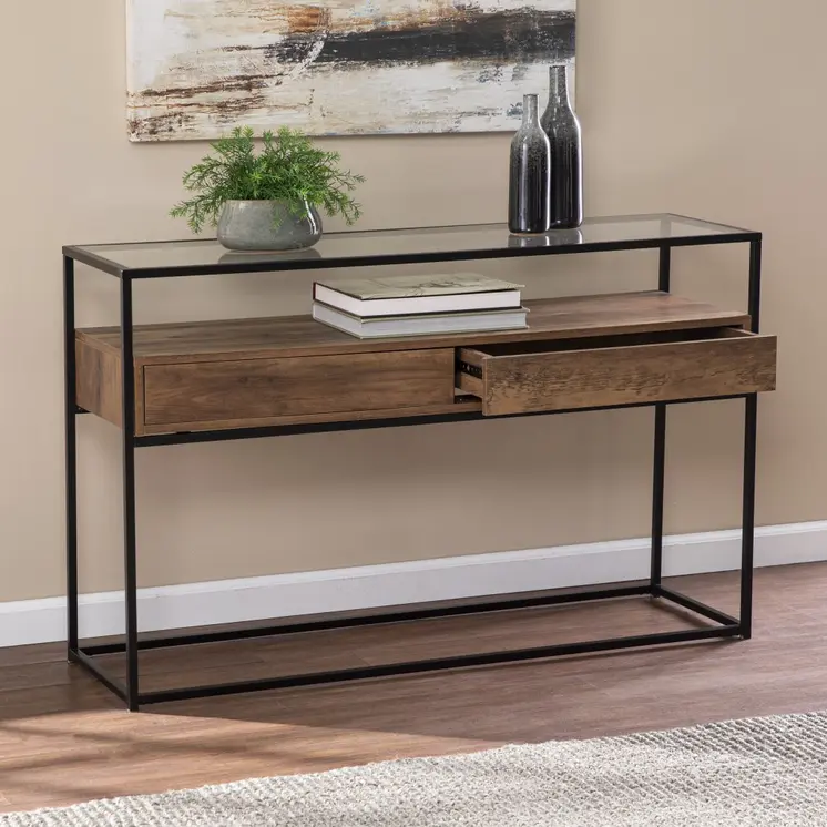 48" Clear and Black Glass Frame Console Table With Storage With Storage