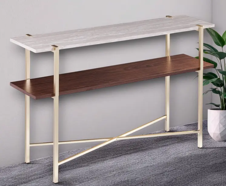 47" White Brass and Brown Faux Marble Console Table With Shelf