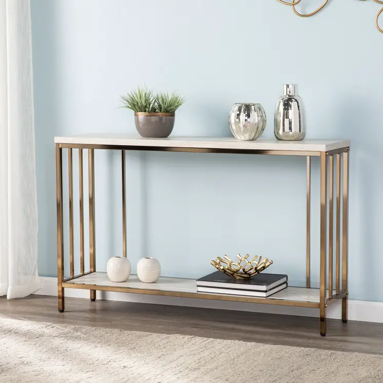 48" Champagne and Gold Faux Stone Floor Shelf Console Table With Storage