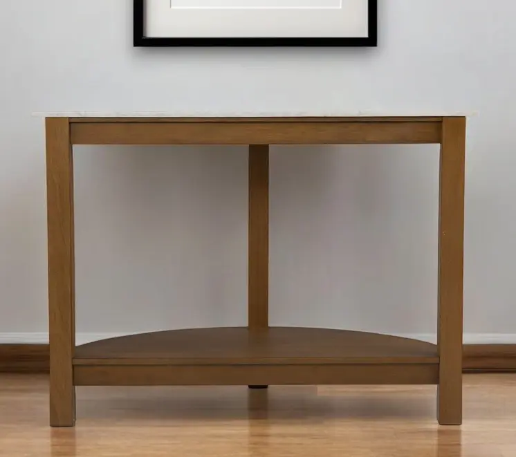 42" White and Natural Faux Marble Half Circle Three Leg Console Table With Shelves
