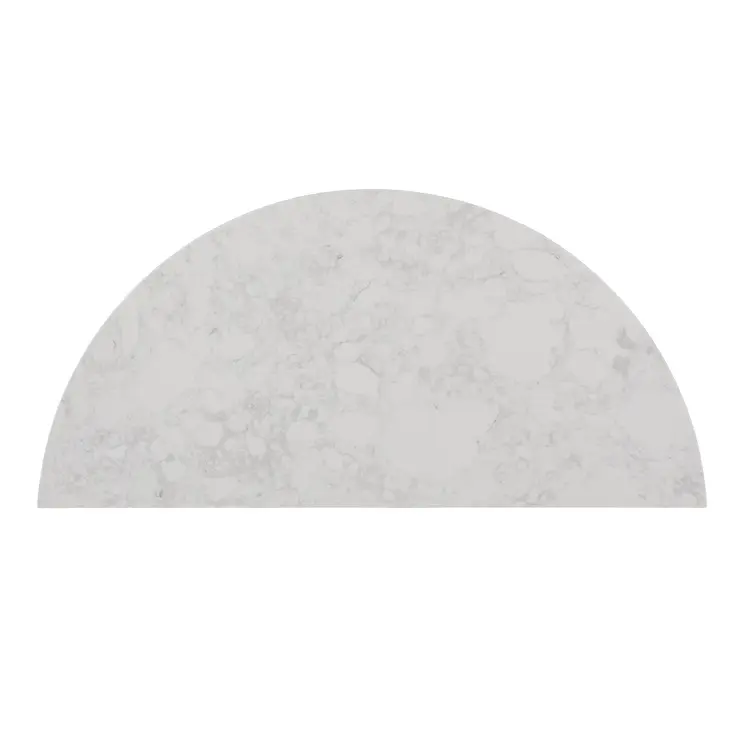 42" White and Natural Faux Marble Half Circle Three Leg Console Table With Shelves