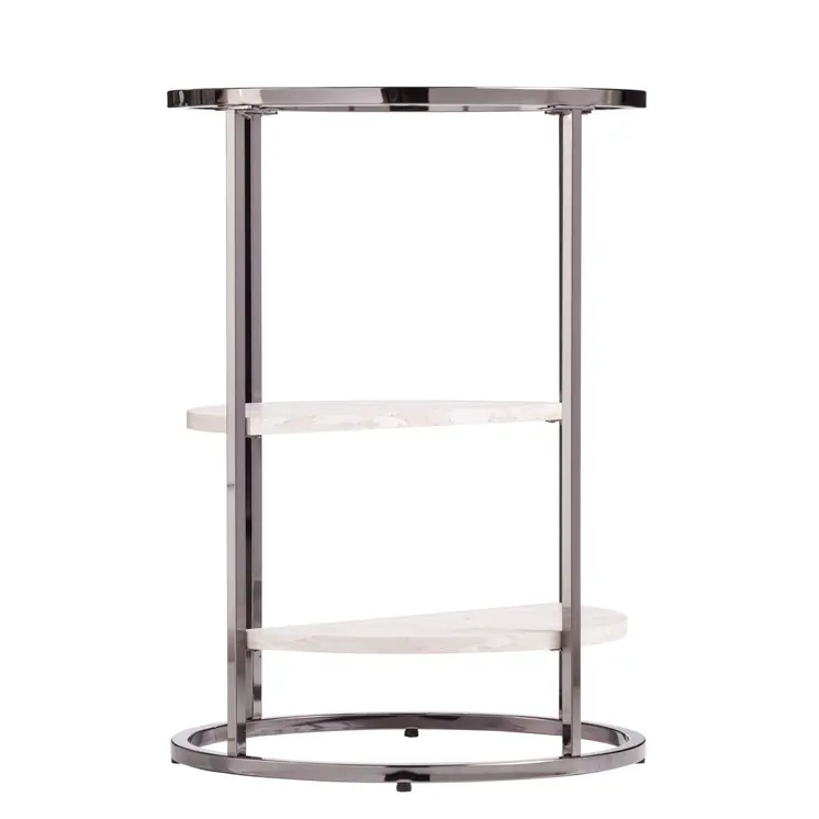 24" Black Metal Glass And Faux Marble Round End Table With Two Shelves