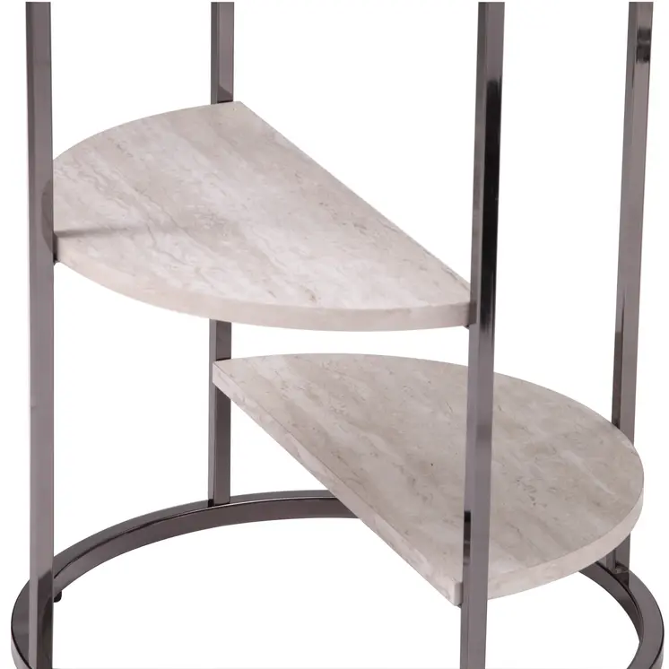 24" Black Metal Glass And Faux Marble Round End Table With Two Shelves