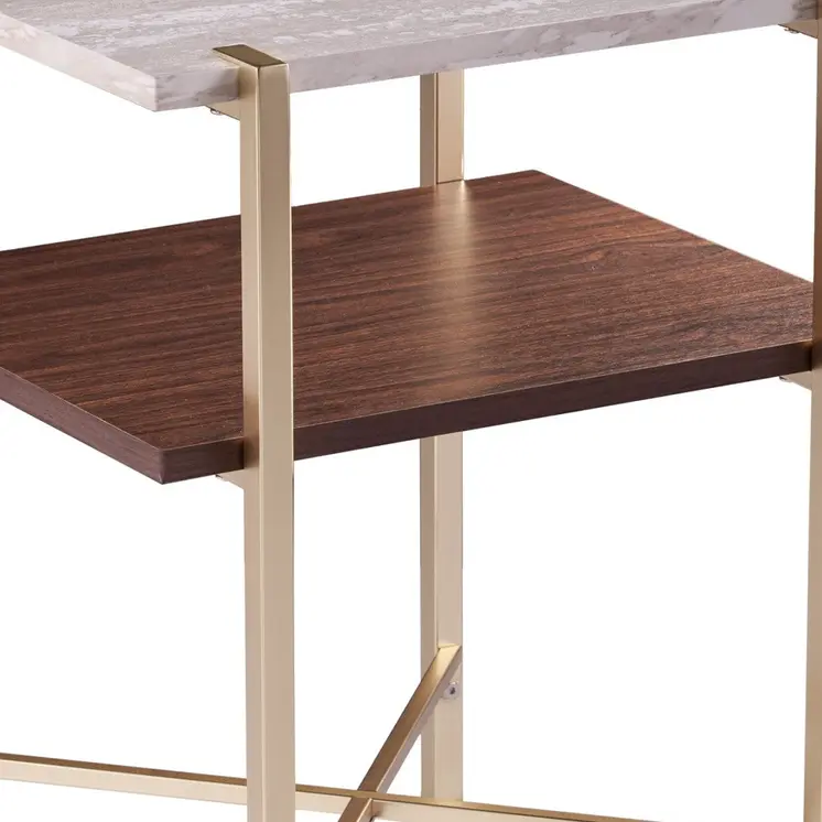 24" Brass Manufactured Wood And Iron Square End Table With Shelf