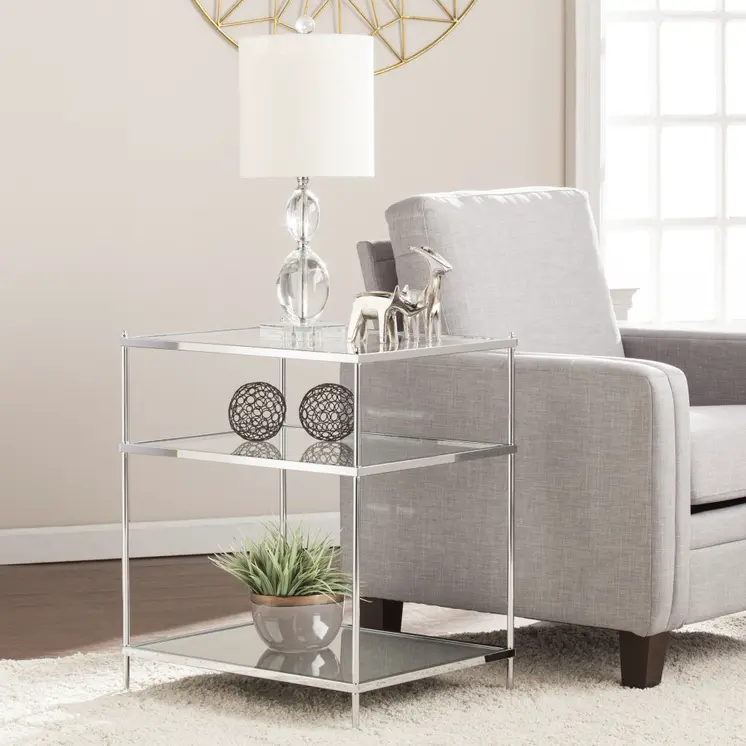 27" Silver Mirrored Glass And Iron End Table With Shelf
