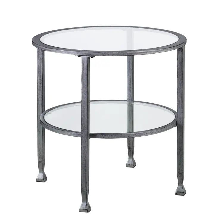 24" Silver And Clear Glass And Distressed Iron Round End Table With Shelf