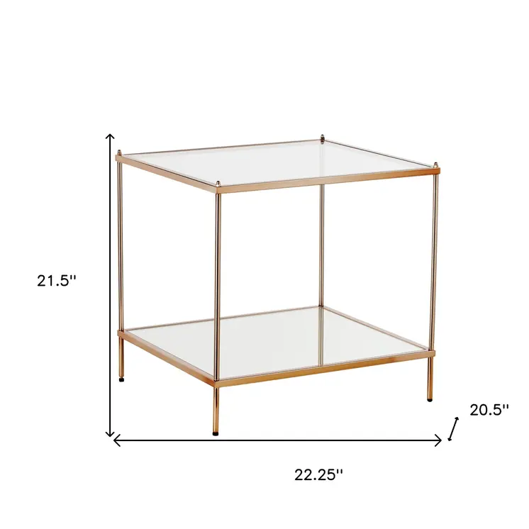 22" Clear And Gold Glass And Iron Square End Table With Shelf