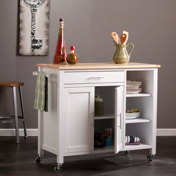 42" Natural and White Butcher Block and Iron Rolling Kitchen Cart With Storage
