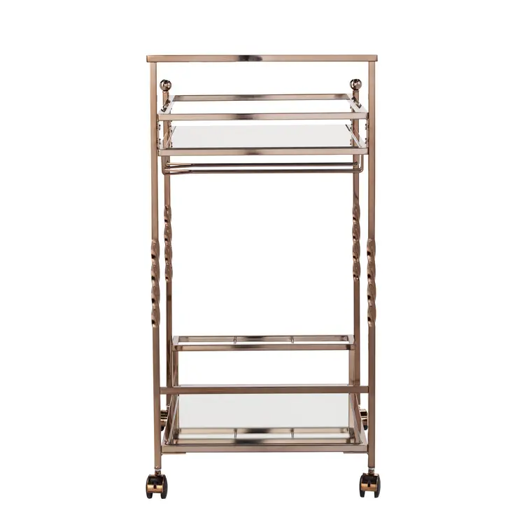 Champagne Metal And Mirrored Glass Rolling Bar Cart With Wine Storage