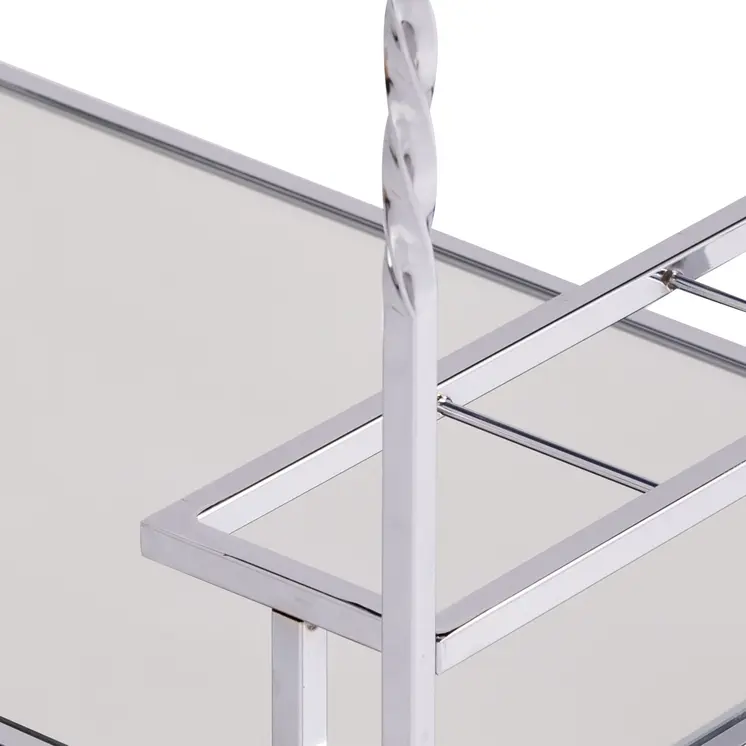 29" Silver Metal and Mirrored Glass Rolling Bar Cart With Wine Storage