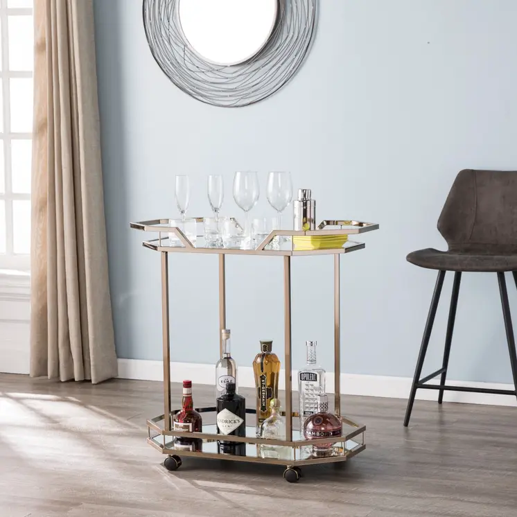 31" Champagne Iron and Mirrored Glass Octagonal Rolling Bar Cart