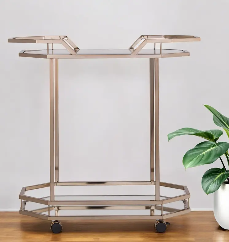31" Champagne Iron and Mirrored Glass Octagonal Rolling Bar Cart